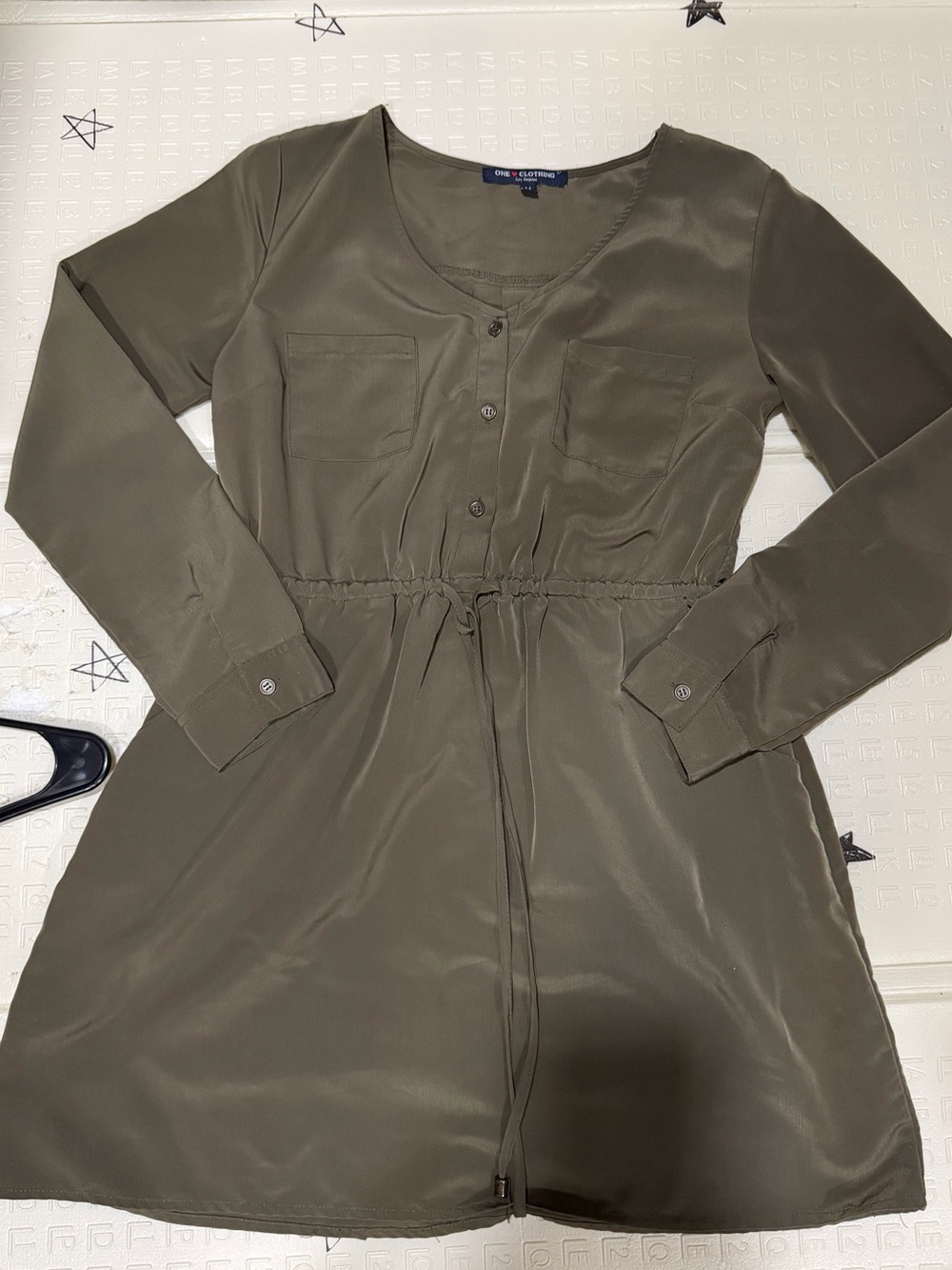Olive Green Long Sleeve Drawstring Waist Dress
